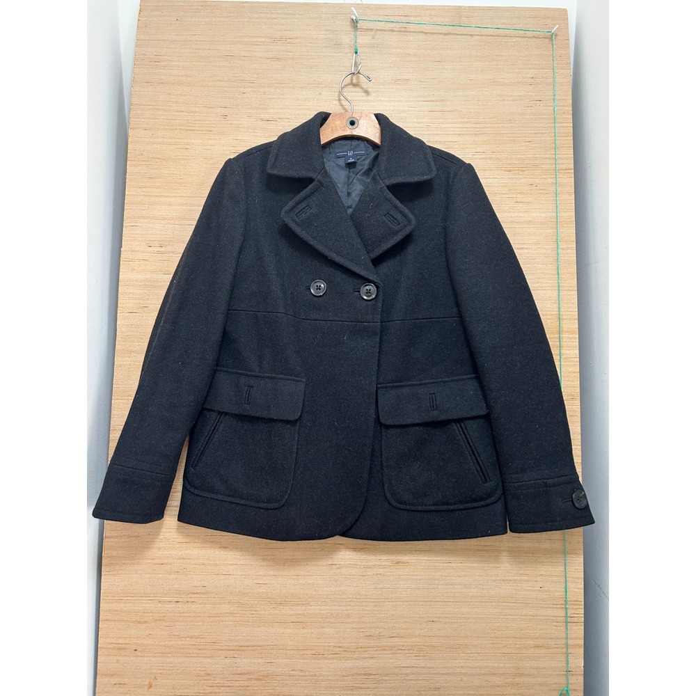 Gap Womens Black Wool Blend Double Breasted Pea Coat Jacket Size M Lined Pockets